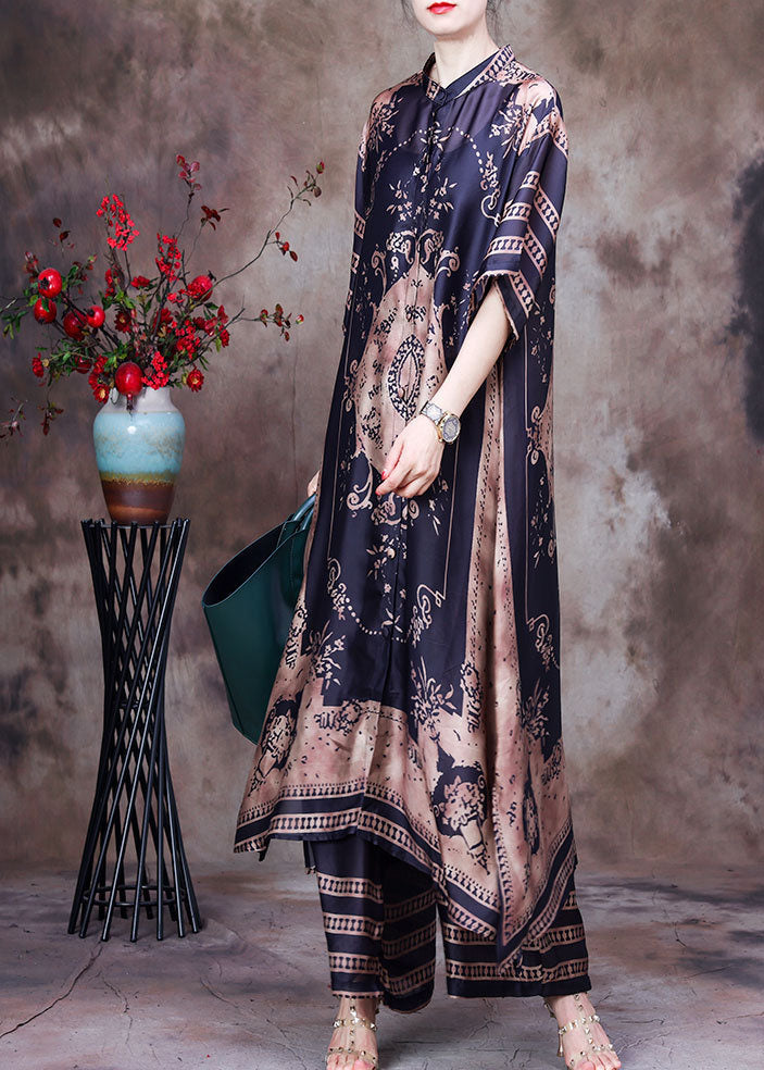 Chocolate Stand Collar Side Open Print Silk Two Piece Set Clothing Summer