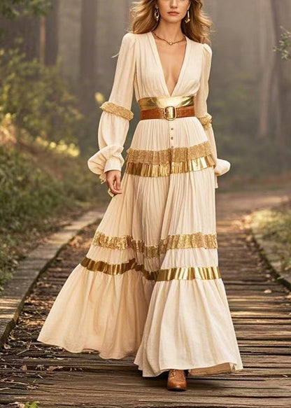 French Beige Deep-v Neck Patchwork Cinched Dresses Lantern Sleeve