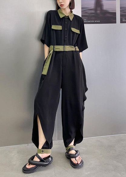 Diy Black Patchwork Button Outfits Rompers Summer