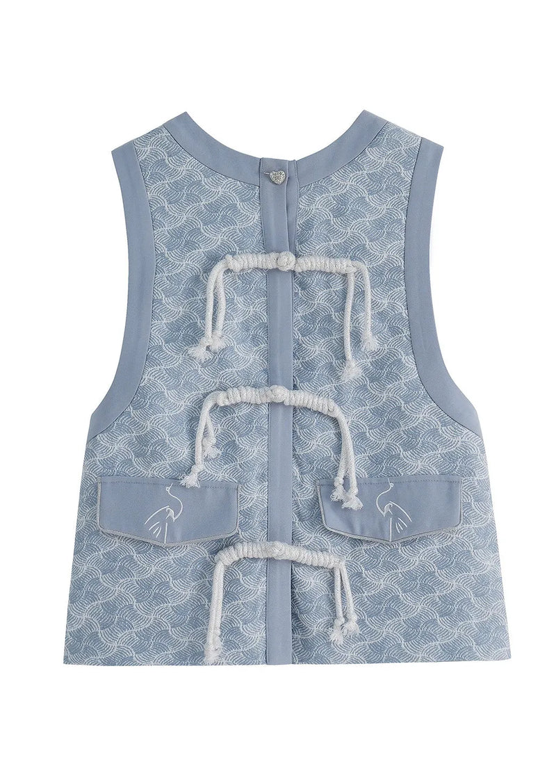 Royal Blue O-neck Print Button Waistcoat Spring