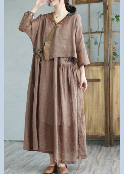 Coffee Print Tie Waist Linen Linen Top and Maxi Skirts Half Sleeve