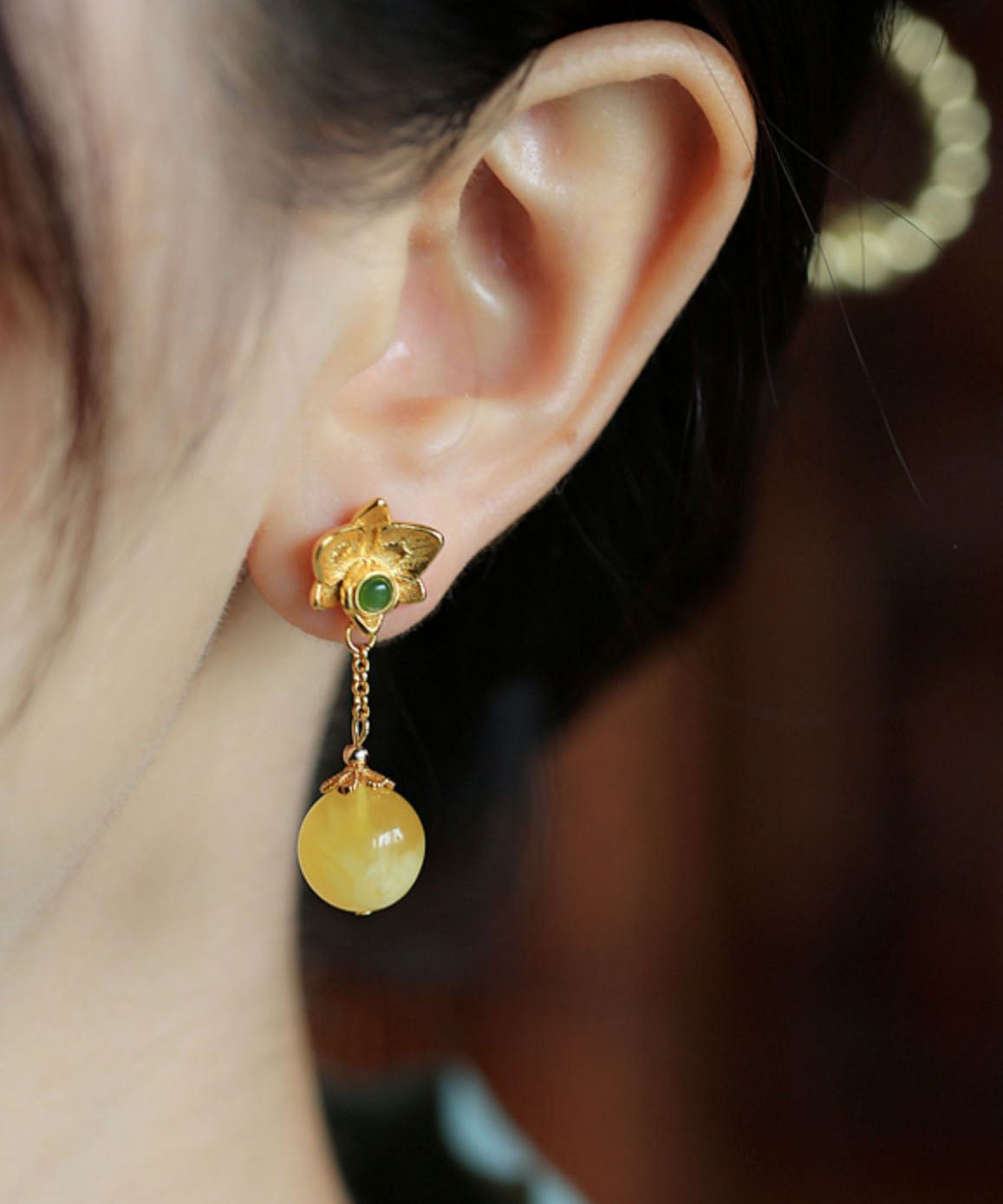 Diy Yellow Sterling Silver Beeswax Amber Jade Drop Earrings