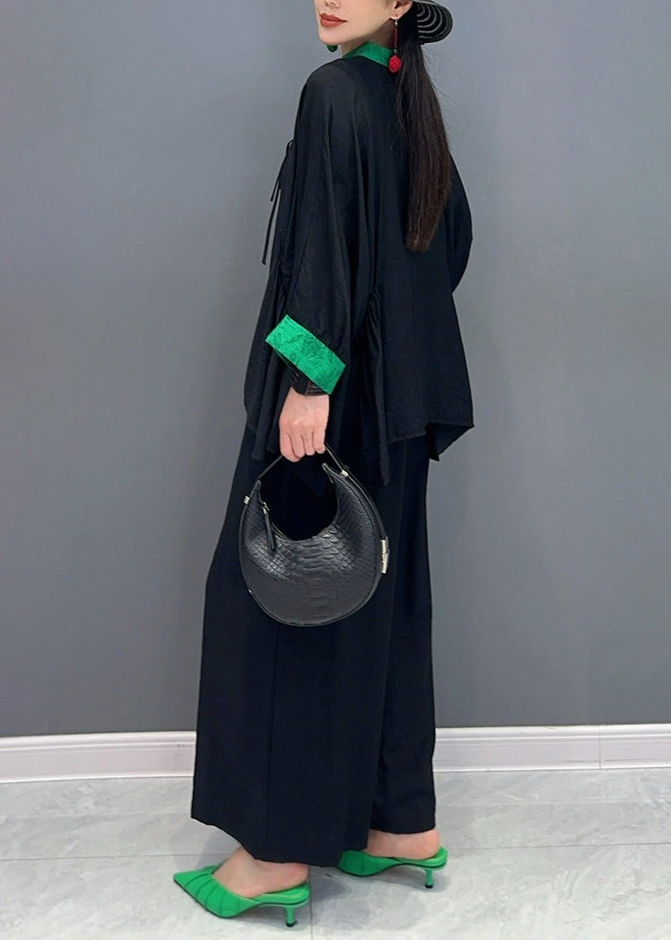 Black Print Button Shirts and Wide Leg Pants Two Piece Set Long Sleeve