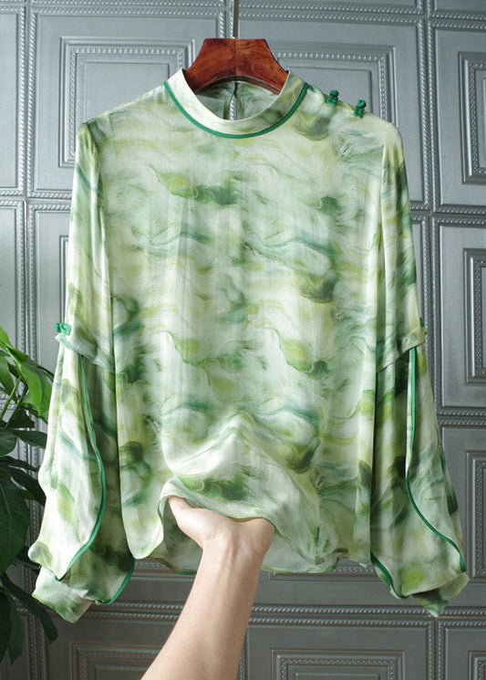 Art Light Green Stand Collar Button Print Patchwork Silk Tops Spring