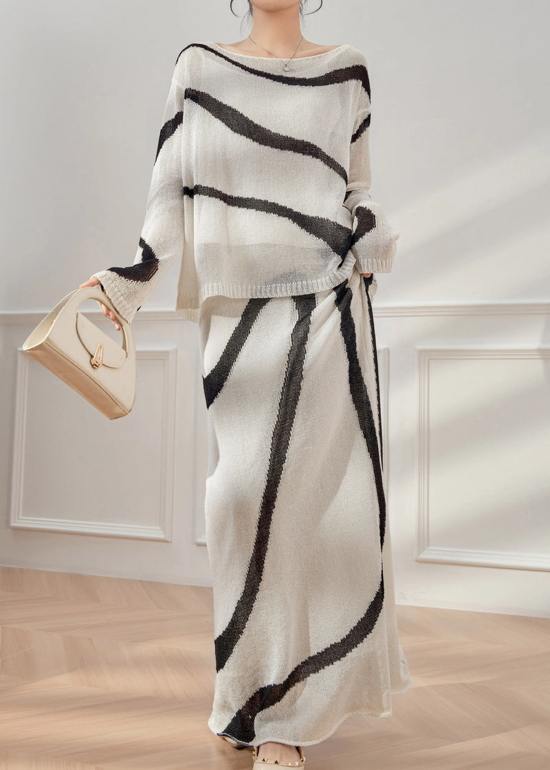 Handmade Colorblock Striped Knit Top and Maxi Skirts Two Pieces Set Spring