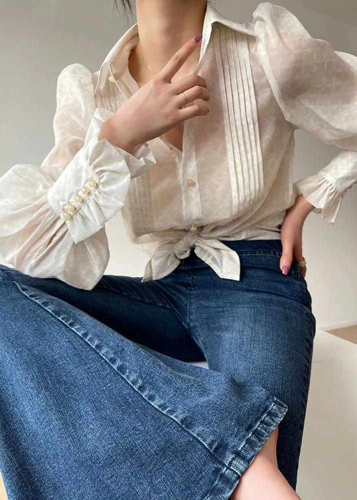 Boutique White Peter Pan Collar Wrinkled Silk Shirts and Skirts Two Pieces Set Lantern Sleeve
