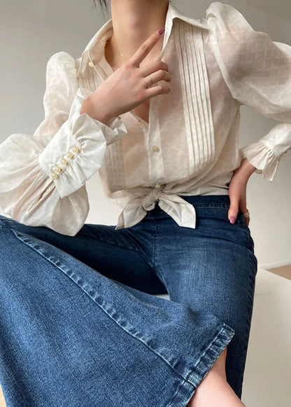Boutique White Peter Pan Collar Wrinkled Silk Shirts and Skirts Two Pieces Set Lantern Sleeve