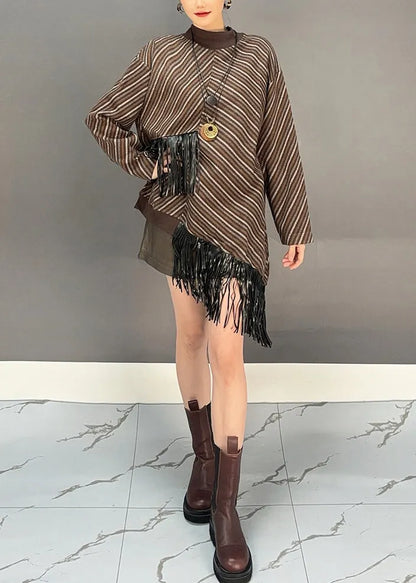 Brown O-neck Asymmetrical Tassel Wool Knit Long Sweater Dress Winter