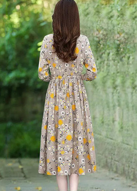 Beige Print Cotton Long Dress Tie Waist Spring