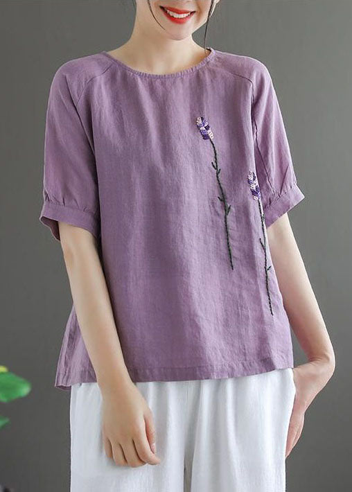 Purple Embroideried Linen Tops O-neck Short Sleeve