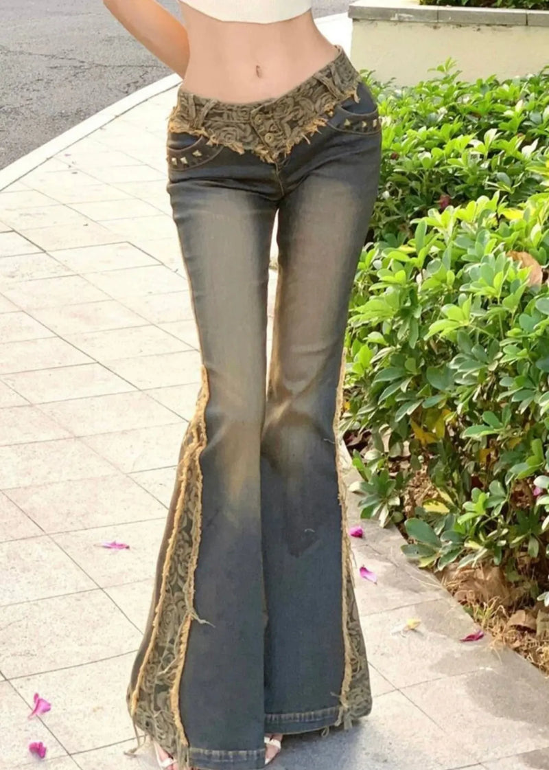 Low Waist Patchwork Lace Denim Flared Trousers Spring