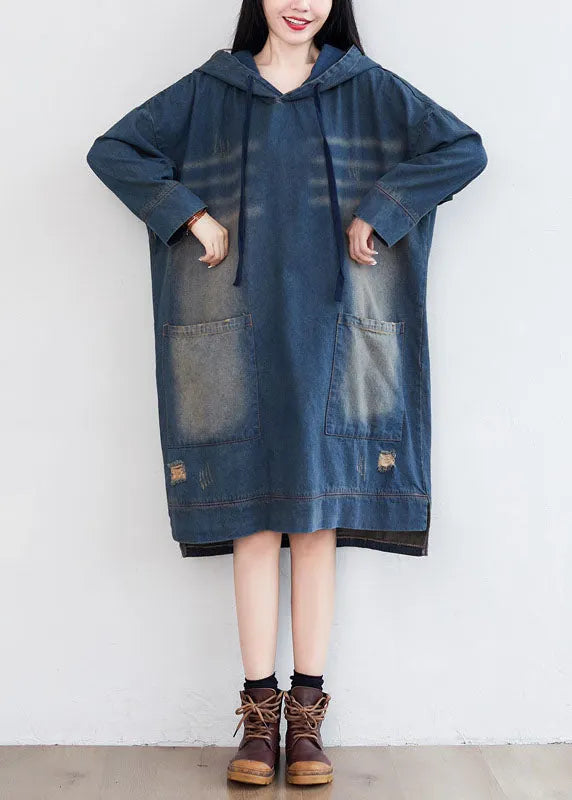 Navy Hooded Pockets Patchwork Denim Dresses Spring