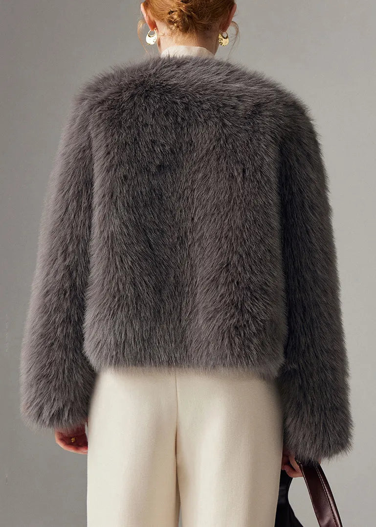 Grey Fox Collar Thick Leather and Fur Coats Winter