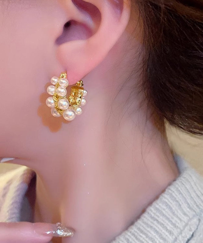 White Copper Alloy Asymmetrical Pearl Hoop Earrings