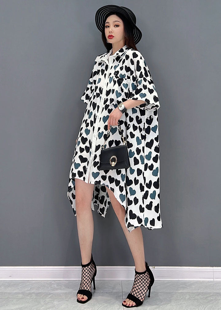 French Grey Peter Pan Collar Asymmetrical Design Heart-shaped Print Chiffon Shirt Dress Short Sleeve