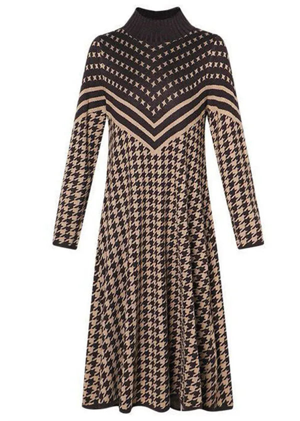 Camel High Neck Print Long Knit Dress Long Sleeve