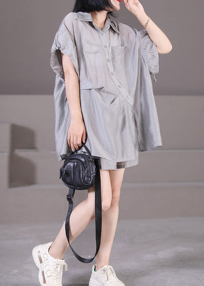 Grey Silk Shirts and Shorts Two Pieces Set Peter Pan Collar Button Wrinkled Summer