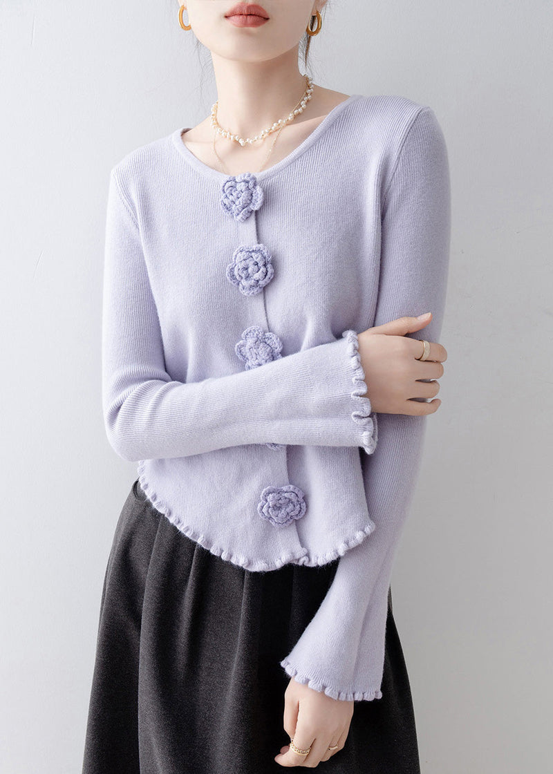French Purple Ruffled Slim Fit Knitted Tops Spring