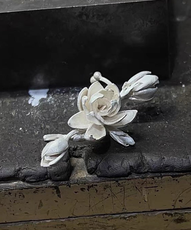 White Sterling Silver Burn White Jasmine Flower Stud Earrings