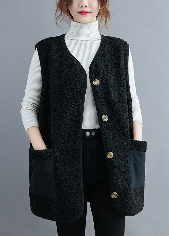 Black V Neck Patchwork Teddy Faux Fur Waistcoat Fall