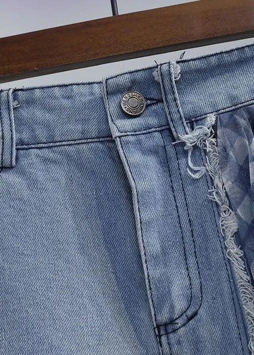 Blue Wrinkled Tulle Patchwork Denim Skirts Spring