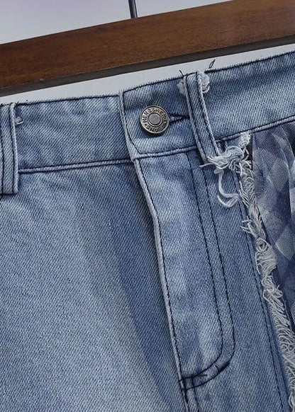 Blue Wrinkled Tulle Patchwork Denim Skirts Spring