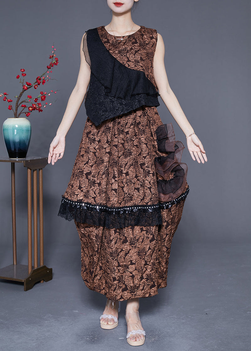 Art Coffee Asymmetrical Patchwork Ruffles Jacquard Silk 2 Piece Outfit Summer