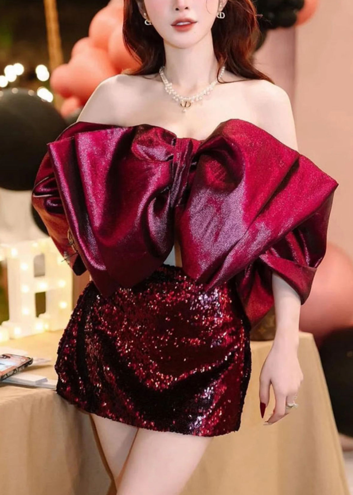 Red Cold Shoulder Bow Silk Two Pieces Set Sleeveless