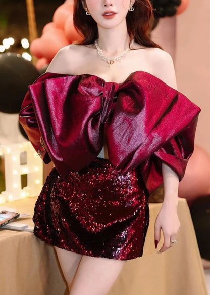 Red Cold Shoulder Bow Silk Two Pieces Set Sleeveless