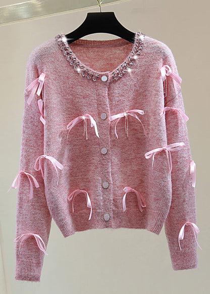 Italian Pink O-neck Zippered Bow Cotton Knit Sweaters Winter
