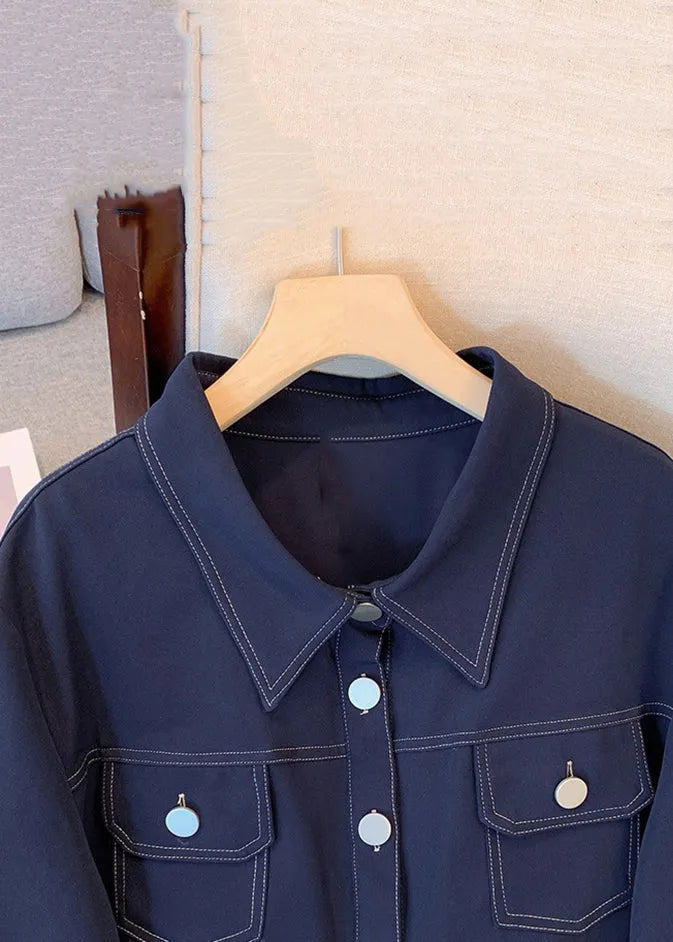 Navy Drawstring Pockets Denim Dress Long Sleeve