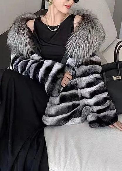 Art Striped Rabbit Hair Collar Leather and Fur Coat Winter