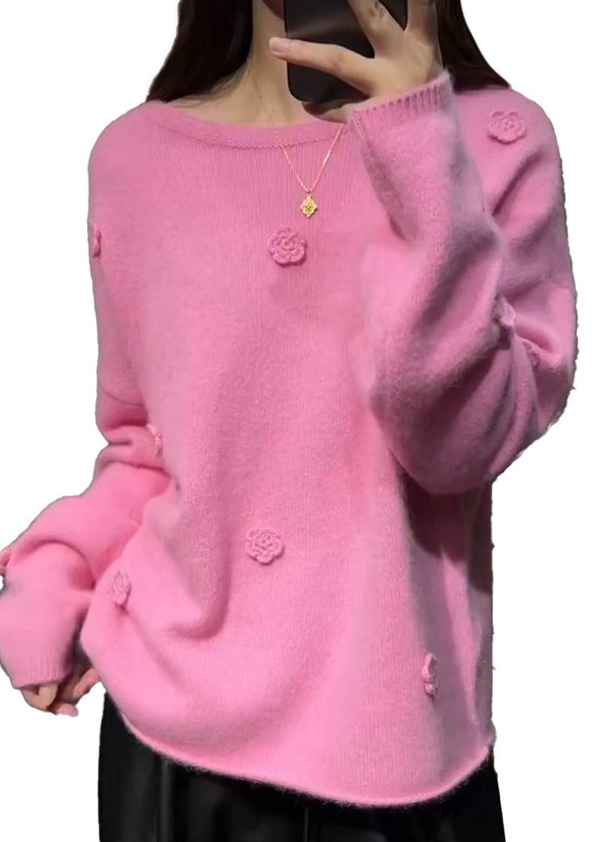 Pink Thick Cotton Knit Sweaters Long Sleeve Winter