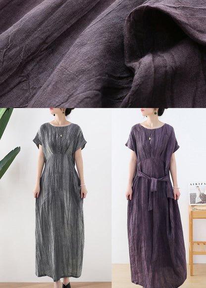 Purple O-neck Wrinkled Linen Long Dresses Short Sleeve