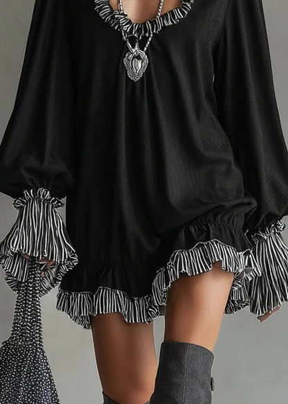 Unique Black Ruffled Patchwork Cotton Mid Dress Spring