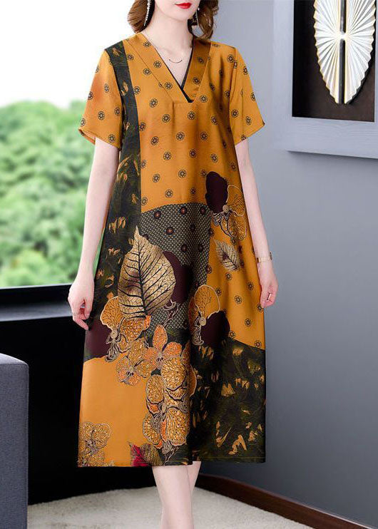Yellow V Neck Print Silk Long Dress Summer