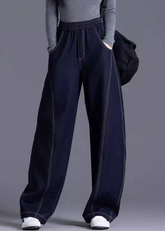 Stylish Navy Pockets Patchwork Elastic Waist Denim Pants Spring