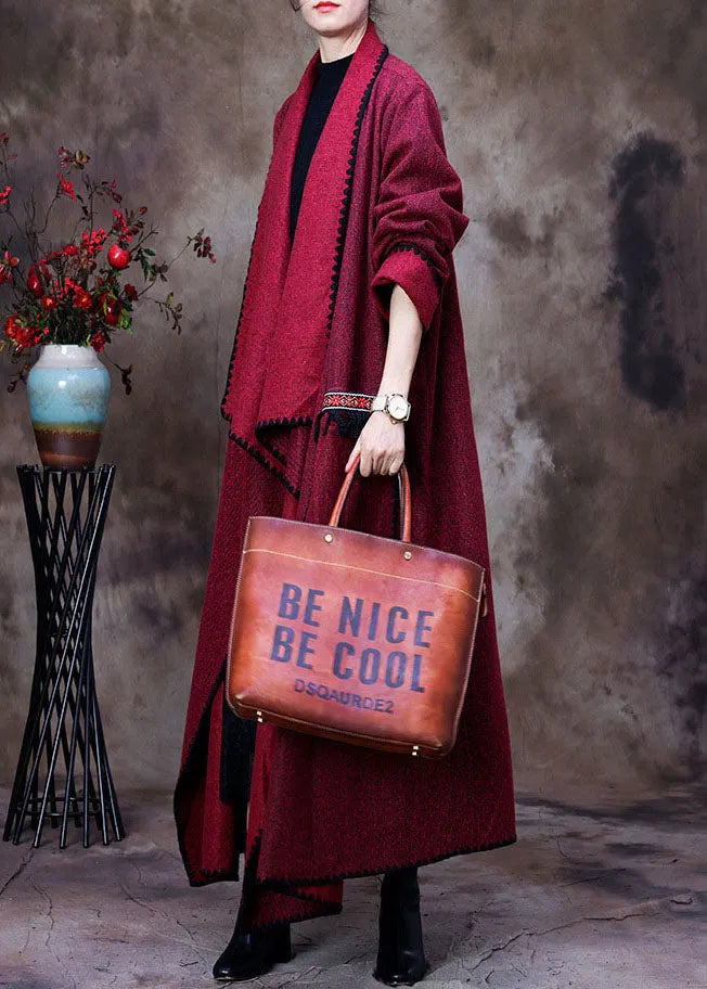 Red Peter Pan Collar Asymmetrical Design Pockets Cashmere Coats Spring