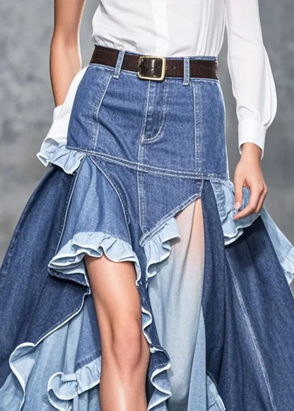 Blue Ruffled Patchwork Low High Design Denim Skirts Spring