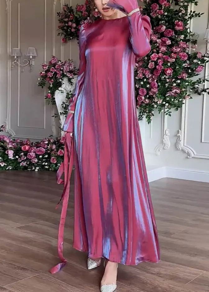 Purple O Neck Silk Maxi Dress Spring