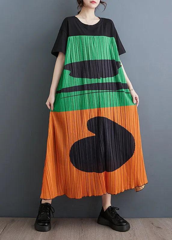 Orange Patchwork Cotton Pleated Dress Oversized Summer
