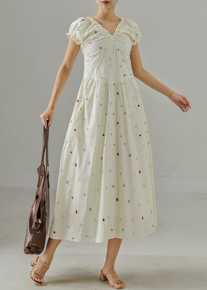 White Embroidered Wrinkled Cotton Maxi Dress Summer
