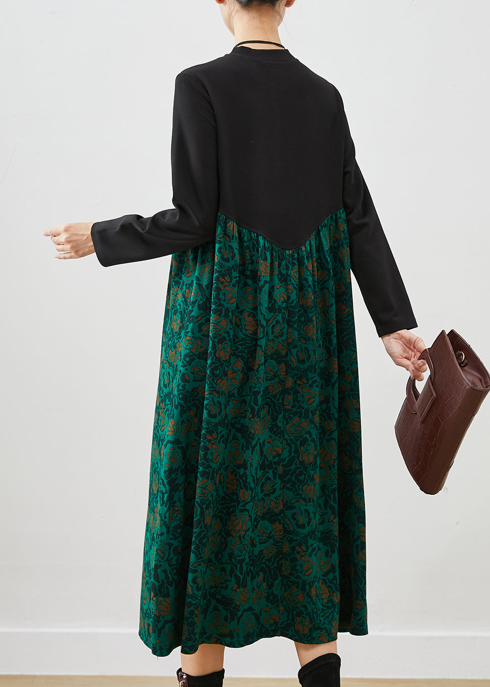 Green Print Patchwork Cotton Maxi Dress Fall