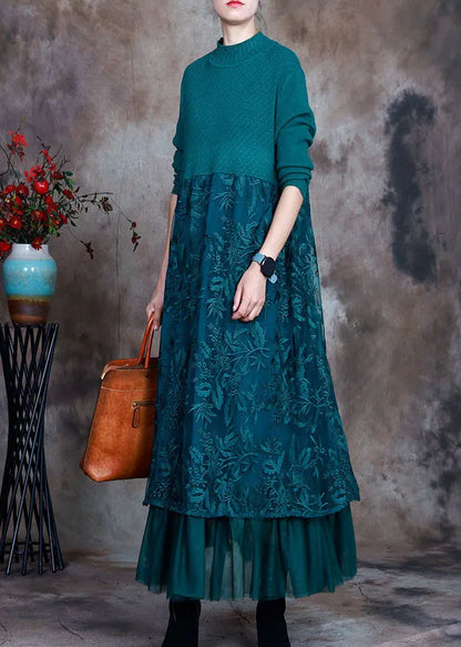 Blue Slim Fit Lace Patchwork Knit Fall Wool Dress