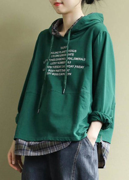 Classy Green Hooded Drawstring Graphic Fake Two Piece Sweatshirts Top Spring