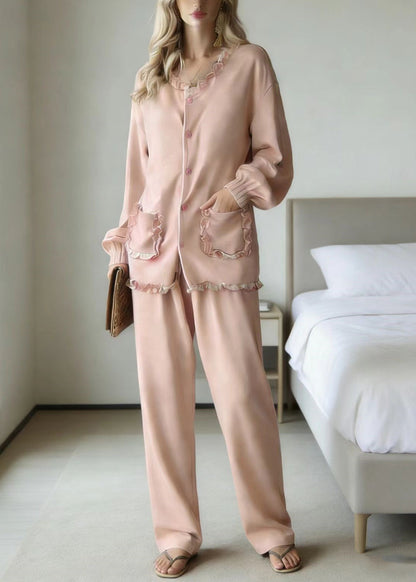 Pink Ruffled Patchwork Pajamas Two Piece Set Long Sleeve