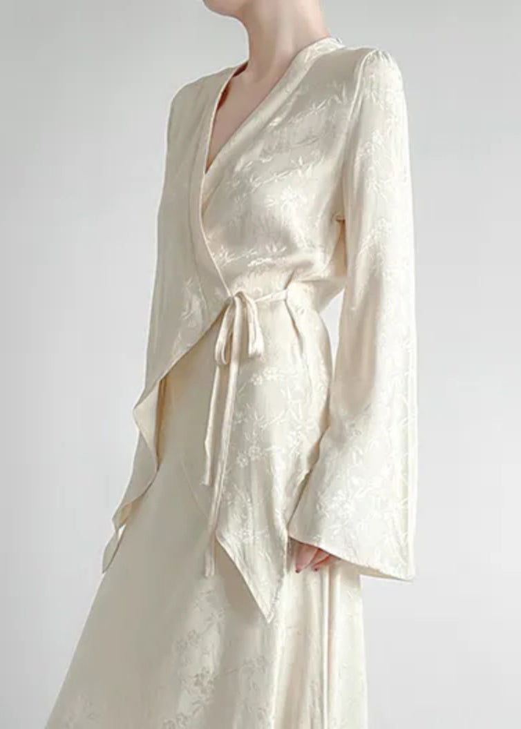 Classy Apricot V Neck Print Tie Waist Shirts Long Sleeve