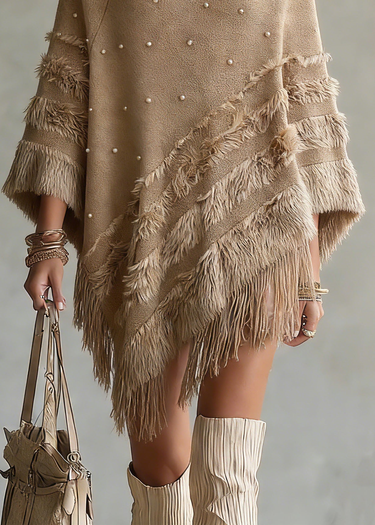 Classy Khaki Asymmetrical Nail Bead Cotton Knit Sweaters Spring
