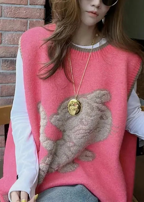 Watermelon Red O Neck Cozy Knit Waistcoat Sleeveless