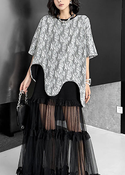 French O Neck Asymmetrical Design Lace T Shirt Tops Summer